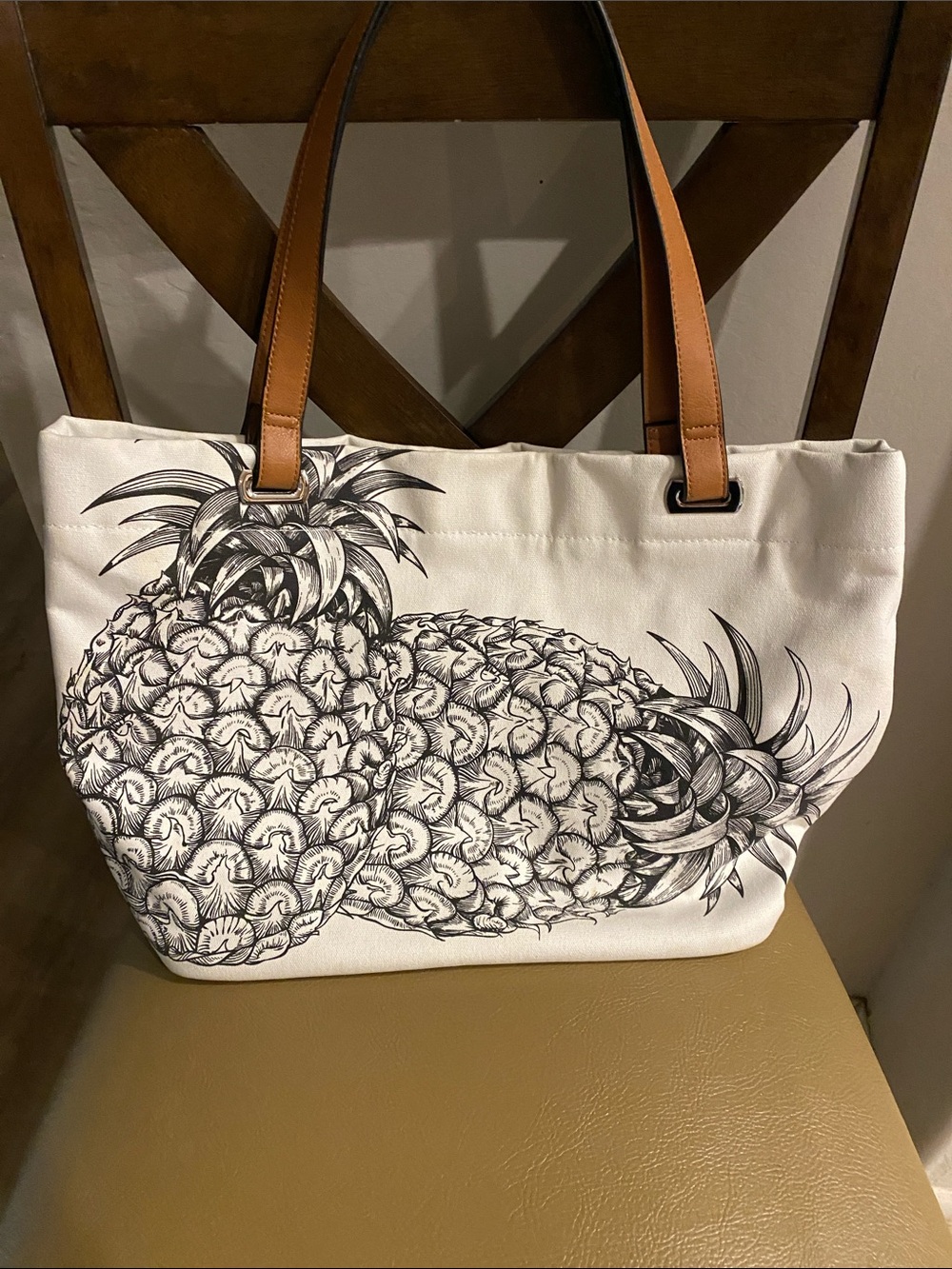 White Pineapple Print Tote Bag with Tan Handles